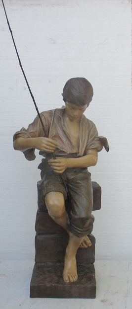 antique ceramic Goldscheider statue fishing boy